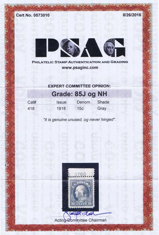 SC# 418 OG MNH 15c FRANKLIN, JUMBO, PSAG CERT GRADED 85J  