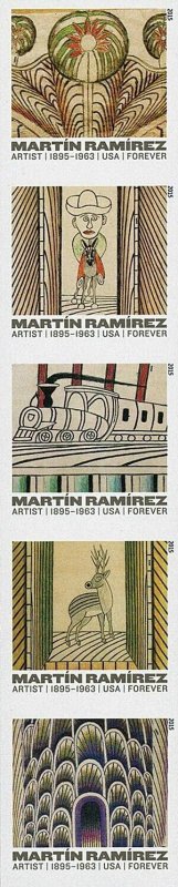 2015 49c Martin Ramirez Self-Taught Artist Strip of 5, Mint Imperf Scott 4968-72