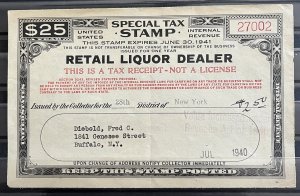 U.S. Tax Stamp- Liquor Dealer- Buffalo NY- 1940