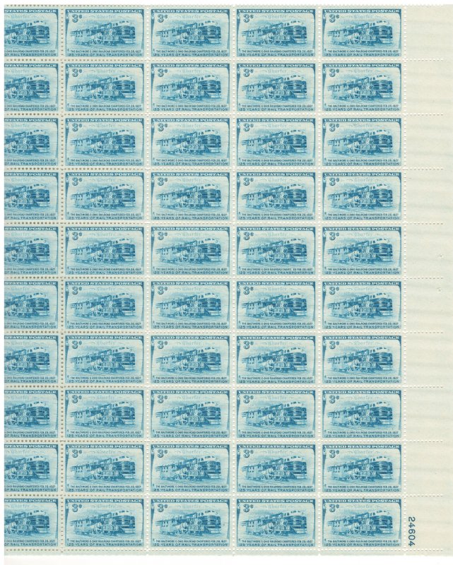 #1006 – 1952 3¢ B. & O. Railroad – MNH OG Sheet