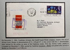 1964 Belfast England First Day Cover Local Air Letter Stamps Cambrian Airways