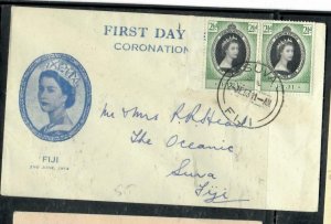 FIJI  ISLANDS COVER (P3006B)  1953 QEII CORONATION PAIR LOCAL CACHETED FIRST DC 