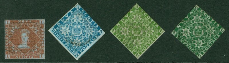 Nova Scotia 1851-60. SG 1, 3, 5 & 6. 1d, 3d, 6d x2. Very fine used, margins...