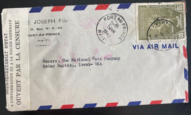 1942 Port Au Prince Haiti Airmail Censored Cover To Cedar Rapids IA Usa 