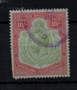 Nyasaland KGV 10/- green & red SG113 Fiscally used WS45805