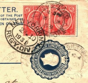 SINGAPORE KGV Cover Registered Postal Stationery 1930 New York {samwells}PB136