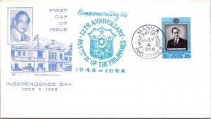 Philippines FDC 1958 - 12th Anniv of RP - 20c Blue Stamp - Single - F43574