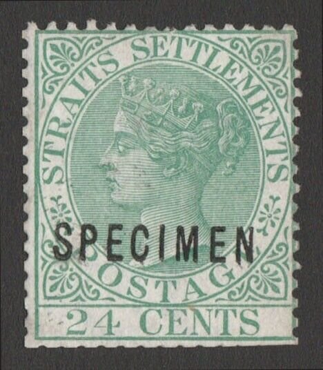 STRAITS SETTLEMENTS 1867 QV 24c wmk crown CC SPECIMEN sans-serif type D11 UNIQUE