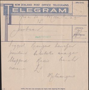 COOK IS 1940 Telegram form - message ex Mauke - Rarotonga cds..............A7708