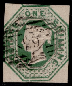 GB QV SG56, SCARCE 1s deep green CUT SQUARE, USED. Cat £1200.