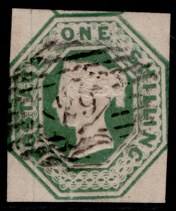 GB QV SG56, SCARCE 1s deep green CUT SQUARE, USED. Cat £1200.