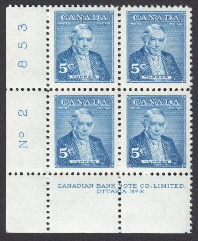 HISTORY = CHARLES TUPPER = Canada 1955 #358 MNH LL BLOCK of 4, PLATE #2