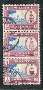 MALAYA PENANG; 1950s early Sultan Coat of Arms issue $1 used STRIP