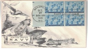 #935 FDC, 3c U.S. Navy, Aristocrats-Lowry cachet, block of 4