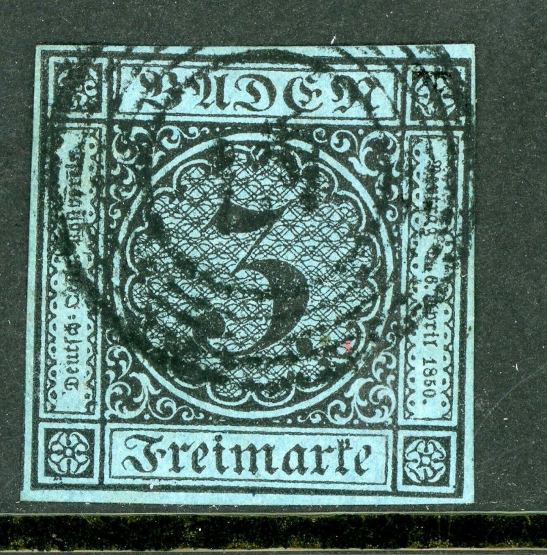 Germany States 1853 Baden 3 Kr Black/Blue  Scott #8 VFU G412