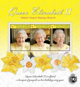 St. Vincent 2016 - Queen Elizabeth II 90th Birthday Flora - Sheet of 3 - MNH