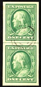 U.S. Used Stamp Scott #343 1c Franklin Line Pair, Superb. Target Cancel. A Gem!