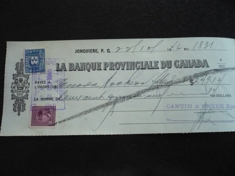 Canada - Revenue - KGVI War Issue Stamp & Revenue Stamp on cheque dated 1946