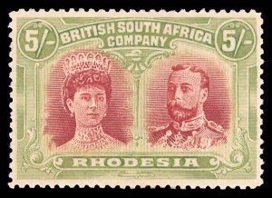 Rhodesia 1910 KGV Double Head 5s crimson & yellow-green MLH. SG 160a. Sc 115.