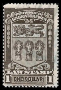 SASKATCHEWAN REVENUE 1908 VINTAGE $1 #SL39 BLACK BROWN, SCARCE LAW STAMP