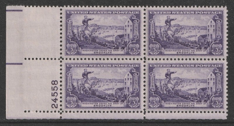 US 1003 Battle of Brooklyn 3c plate block 4 LL 24538 MNH 1951