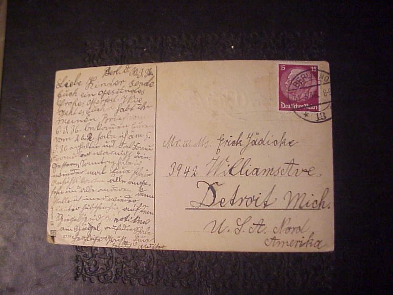 1936 BERLIN GERMANY TO DETROIT EMBOSSED EASTER CARD 15 MARK HINDENBURG STAMP