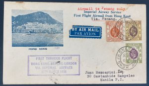 1936 Hong Kong First Through Flight Cover FFC To Manila Philippines Via Penang