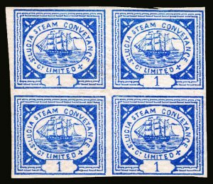 1872 St. Lucia Steam Conveyance 1D Local Imperf Block of 4 Mint Never Hinged
