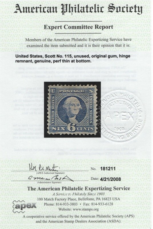 115 VF-XF APS cert OG previously hinged  nice color cv $ 2750 ! see pic !