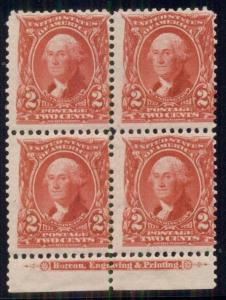 US #301 	2¢ carmine, Inscription Block of 4, og, 2NH/2LH, Scott as singles $104.