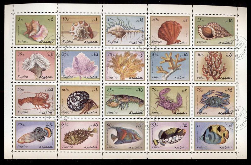 Fujeira 1972 Mi#1019-1038 Marine Life, Shells, Fish sheet (folded) CTO