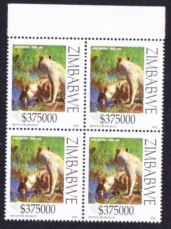 Zimbabwe Lionesses drinking Block of 4 Top margin 2006 MNH SG#1190