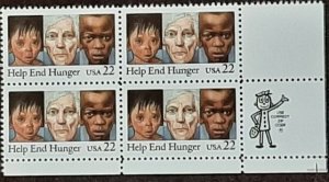 US Scott # 2164; 22c Help End Hunger from 1985; MNH, og; Zip Block of 4; VF/XF