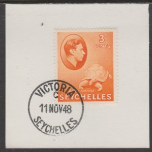 SEYCHELLES 1938 KG6  3c orange  on piece with MADAME JOSEPH  POSTMARK