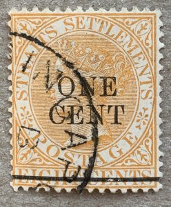 Straits Settlements 1892 1c on 8c orange, used. Scott 80, CV $4.25. SG 91
