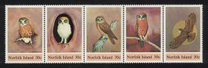 Norfolk Birds Boobook Owl strip of 5 1984 MNH SC#343 SG#338-342