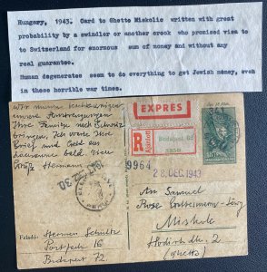 1943 Budapest Hungary Stationery Postcard Cover To Miskolio Jewish Ghetto