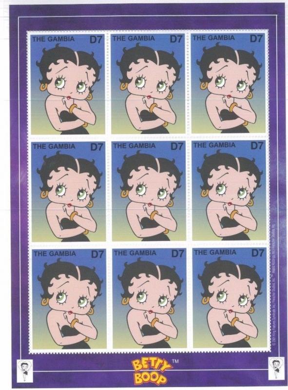 BETTY BOOP Stamps - Full Sheet of 9 Gambia - E68A