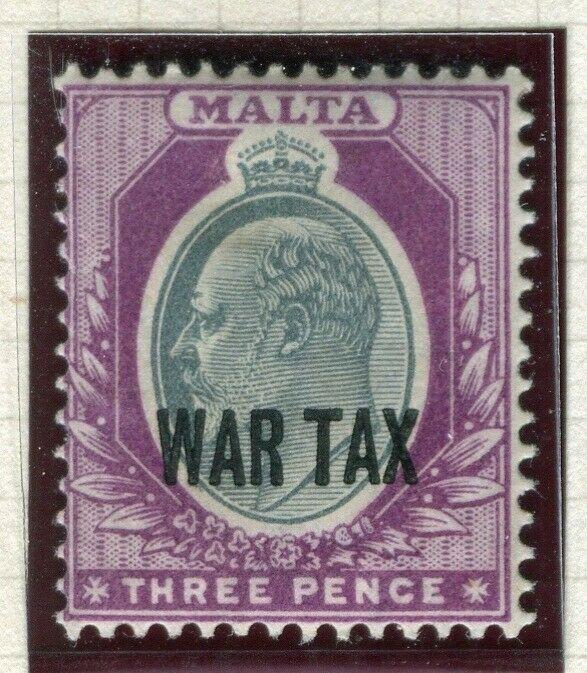 MALTA; 1917-18 early WAR TAX Optd. issue fine Mint hinged Shade of 3d. value