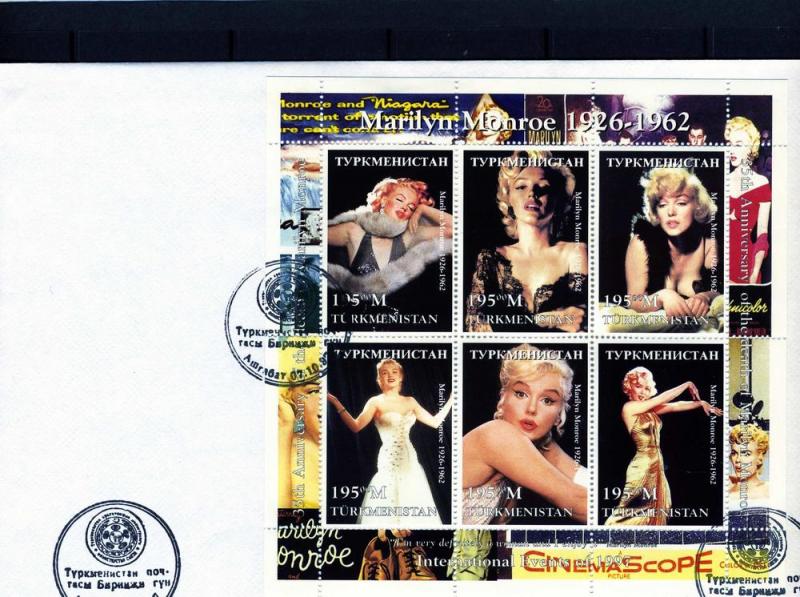 Turkmenistan 1997 Marilyn Monroe Sheet Perforated in official FDC
