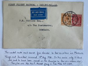 1932 Nairobi Kenya First Flight Airmail Cover To Mombasa Wilson Airways