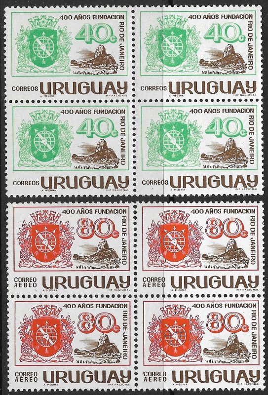 URUGUAY 1966 RIO DE JANIERO BRAZIL Set BLOCKS OF 4 Scott 729, C285 MNH