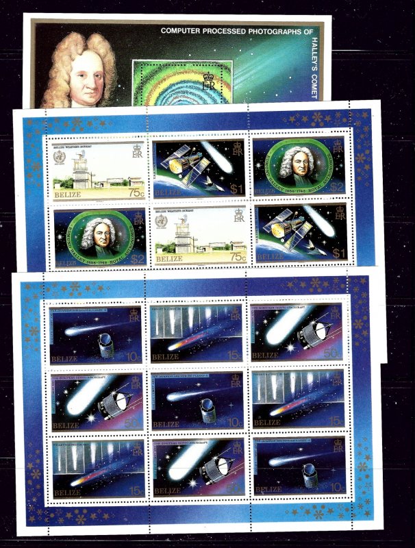 Belize 812-14 MNH 1986 Halleys Comet 2 sheets of 9 and souvenir sheet