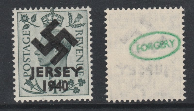 Jersey 1940 Swastika opt on Great Britain KG6  4d grey-green