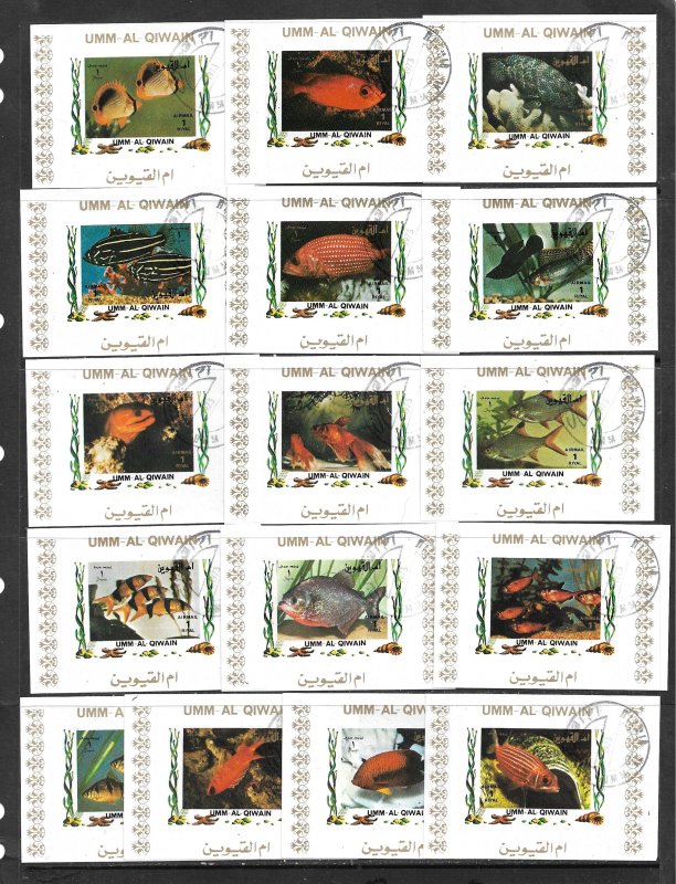 UMM AL QIWAIN 1972 TROPICAL FISH IMPERF.Set of 16 Mi.1466B-1481B CTO Used