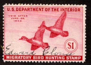 RW10, $1, Used, 1943, Wood Ducks, Duck Hunting, USA Revenue Stamp