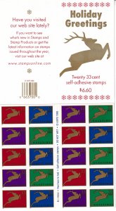 U.S Sc# 3356 / 3359 33¢ Christmas 1999 Deer complete booklet sheet MNH CV $45.