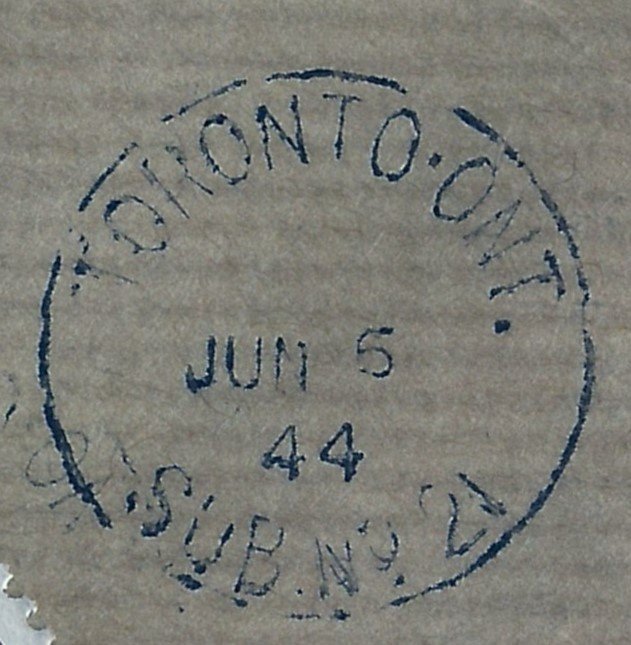 D-DAY USAGE: MARKS STAMP Co Toronto to US 10c Parliment #257 USED Jun 6th 1944