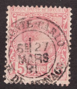 1885 Monaco Sc# 5 - 15f Prince Charles III - Monte Carlo cancel - Used Cv$18