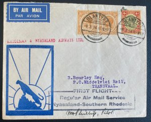 1934 Blantyre Nyasaland First Flight Airmail Cover FFC To Transvaal Pilot Sgned